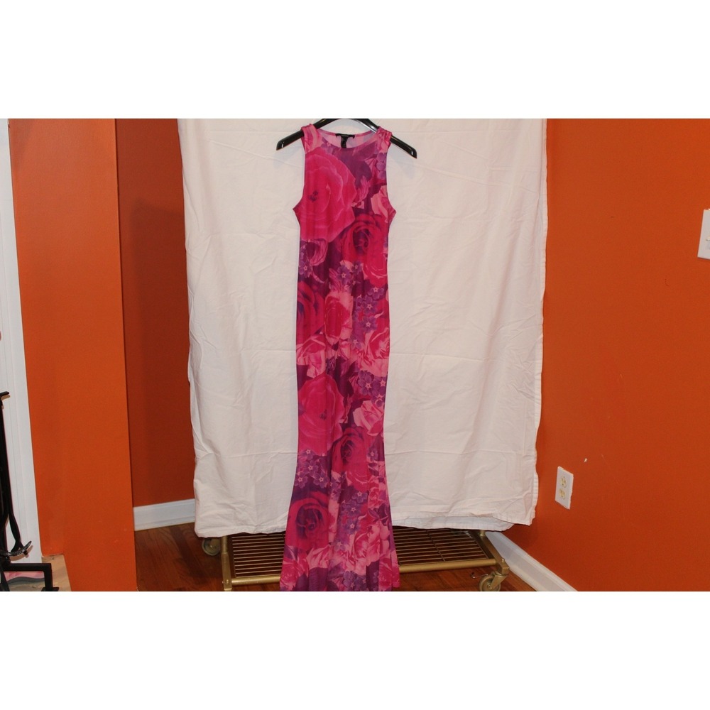 Forever 21 Floral Mesh Maxi Dress Women's Medium Pink Purple Sleeveless Bodycon